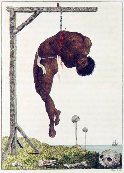 Une personne noire pendue vivante par les côtes à une potence - John Gabriel Stedman