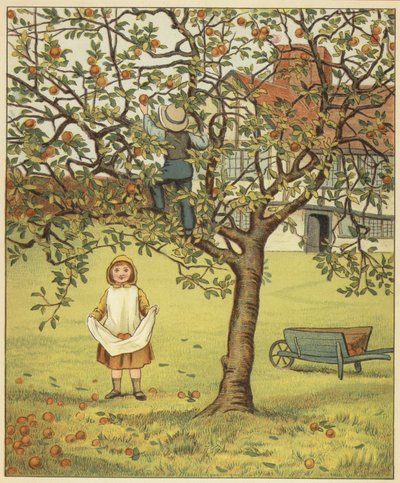 Enfants cueillant des pommes dans le verger (lithographie couleur) - John George (after) Sowerby