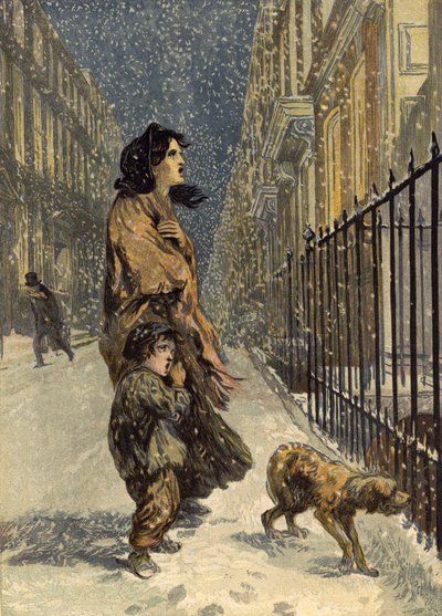 Les pauvres sans-abri, mère et enfant avec un chien dans la neige - John Gilbert