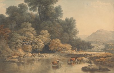 Paysage vallonné avec rivière et bétail - John Glover