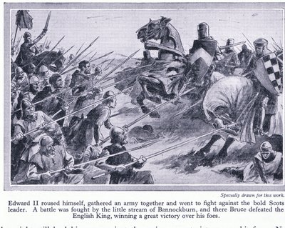 Édouard II rassembla une armée et livra bataille à Bannockburn en 1314 après J.-C., où Bruce vainquit les Anglais, vers 1950 - John Harris Valda