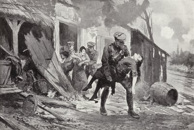 Le canonnier J Rafferty portant une femme blessée en sécurité depuis une ferme bombardée, Première Guerre mondiale - John Harris Valda