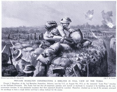 Le soldat Hamilton construisant un abri en pleine vue des Turcs dans les tranchées de Lone Pine sur la péninsule de Gallipoli, août 1915 - John Harris Valda