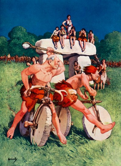 Une course préhistorique sur piste en terre battue (lithographie couleur) - John Hassall
