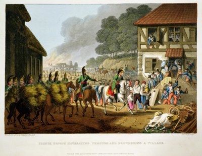 Troupes françaises se retirant et pillant un village, gravé par Matthew Dubourg, tiré de 