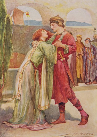 Posthumus et Imogen dans Cymbeline de Histoires pour enfants de Shakespeare par Edith Nesbit (1858-1924) pub. par Raphael Tuck & Sons Ltd., Londres (illustration de livre) - John Henry Frederick Bacon