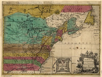 Une carte des établissements britanniques et français en Amérique du Nord. LOC 77690484 - John Hinton