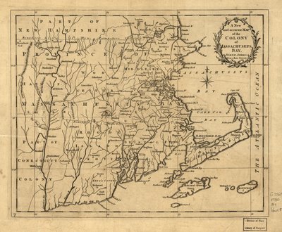 Une nouvelle carte précise de la colonie de Massachusetts (i.e. Massachusetts) Bay, en Amérique du Nord, provenant d