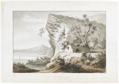 Vue côtière en Nouvelle-Zélande, avec une hutte indigène et un canoë à voile dans la baie, de 