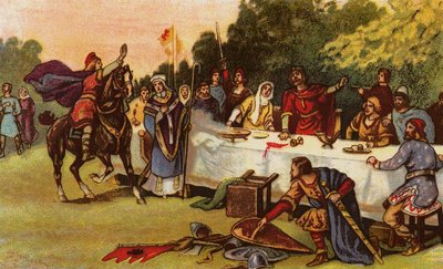 Harold apprenant le débarquement de Guillaume le Conquérant à Hastings en célébrant la victoire de Stamford Bridge - John Jellicoe
