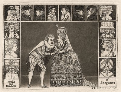 Mary Ann Yates et Laurence Clinch jouant le duc et la duchesse de Bragance dans Braganza entourés par des membres du public, 1785 - John Kay