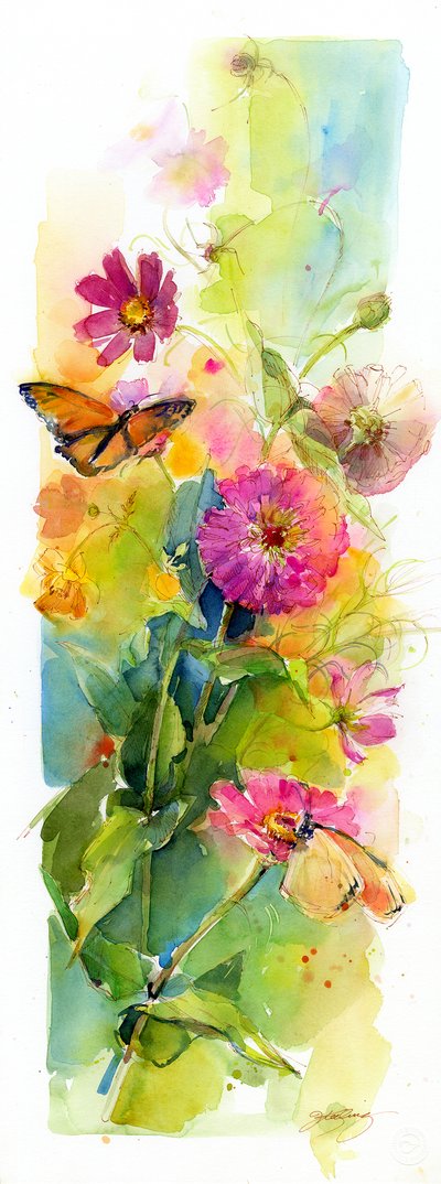 Zinnias et papillons - John Keeling