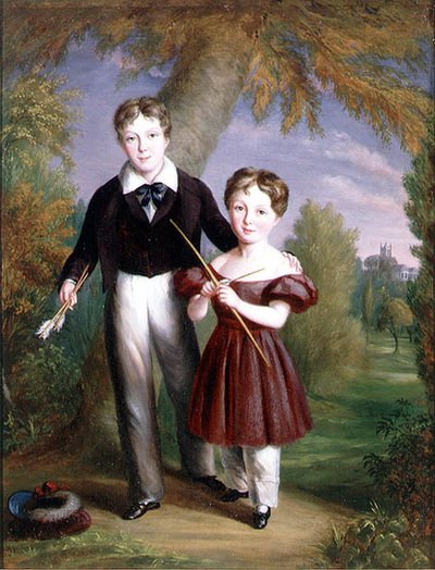 Double portrait de deux garçons avec arcs et flèches - John King