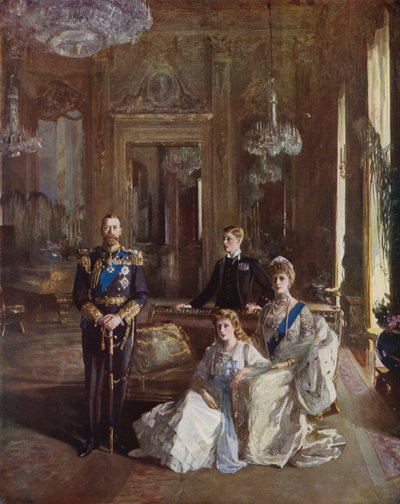 Le roi George V, la reine Mary, le prince de Galles et la princesse Mary dans le salon blanc, Buckingham Palace, Londres, 1913 - John Lavery