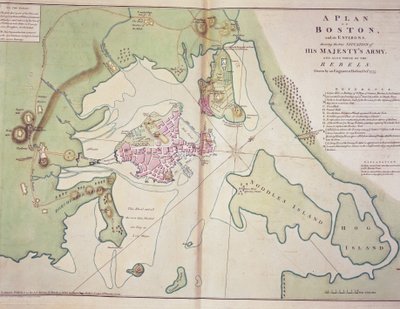 Plan de Boston et de ses environs montrant la position des forces britanniques et des forces rebelles américaines, dessiné en octobre 1775, imprimé dans 