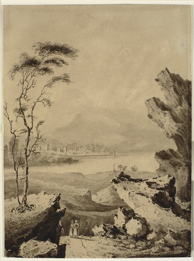 Paysage italianisant avec lac, ville et montagnes en arrière-plan - John Martin