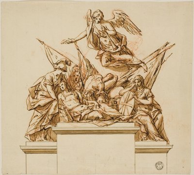 Guerrier accompagné de Britannia, Minerva et Fame (recto) ; projet de monument à Nicholas Rowe (verso) - John Michael Rysbrack