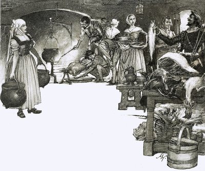 Cuisiner sur un feu ouvert dans une cuisine élisabéthaine - John Millar Watt