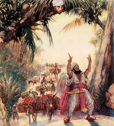 Comment Ali Baba rencontra les quarante voleurs (lithographie couleur) - John Millar Watt