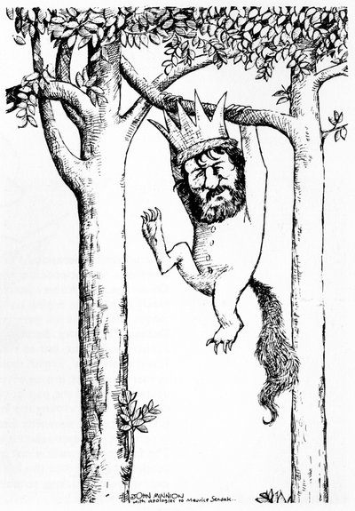 Oliver Knussen - caricature suspendue à un arbre avec une couronne - compositeur et chef d