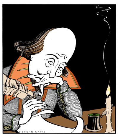 William Shakespeare écrivant une pièce de théâtre par John Minnion - John Minnion