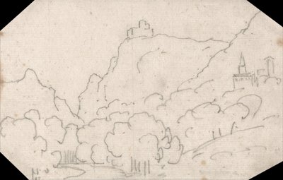 Vue sur la montagne avec des bâtiments - John Robert Cozens