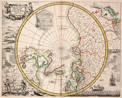 Carte de projection polaire avec cercle arctique, vers 1680 (gravure en couleur) - John Seller