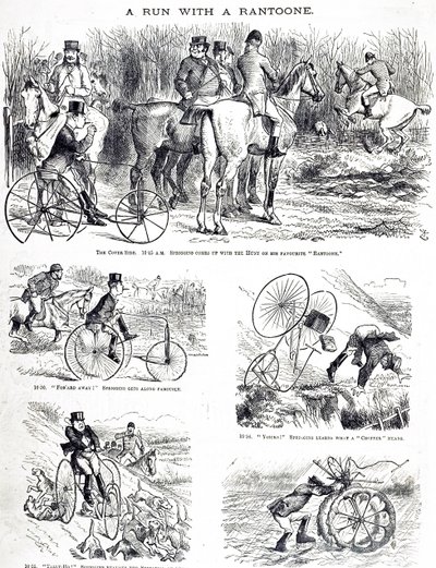 Une caricature représentant un homme chassant en tricycle. Illustré par John Tenniel (1820-1914) un illustrateur anglais, humoriste graphique et caricaturiste politique - John Tenniel