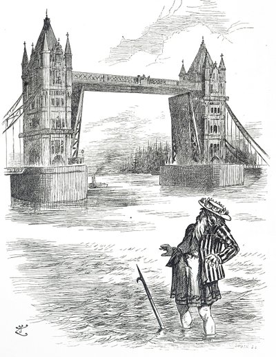 Dessin humoristique représentant le Père Thames admirant Tower Bridge, Londres - John Tenniel