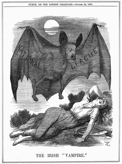 Ligue nationale irlandaise, avec le visage de Charles Stewart Parnell (1846-1891), montré comme un vampire s