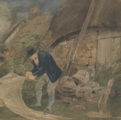 Un vieux pêcheur réparant des filets avec un cottage en arrière-plan - John Thirtle