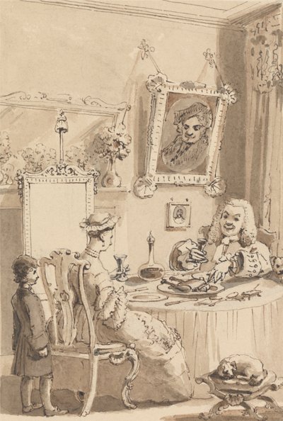 Hogarth buvant le premier verre de vin avec sa femme - leurs chiens gardant une distance respectueuse - John Thomas Smith