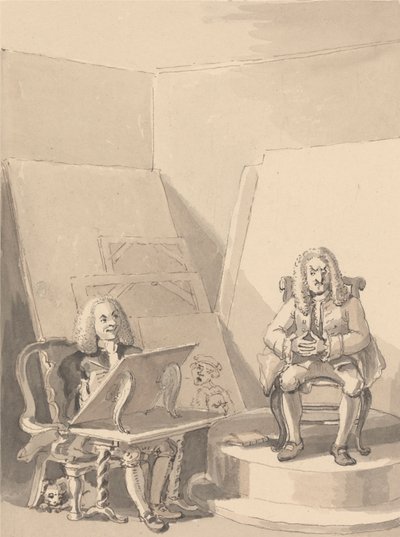 Hogarth réalisant un portrait de H. Fielding pour un libraire, à partir des traits de Garrick qui a emprunté une des perruques de l