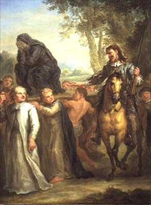 Don Quichotte prend une statue de la Vierge Marie, portée en procession, pour une femme enlevée contre son gré, de 