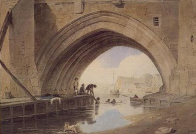 Enfants nageant sous le pont Ouse à York - John Varley