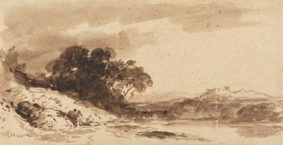 Paysage fluvial avec deux personnages, lac et montagnes lointaines - John Varley