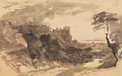 Paysage romantique avec un château et un arbre à droite - John Varley