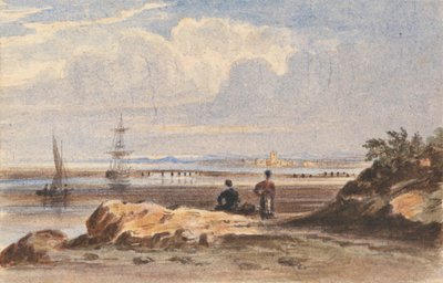 Rivage avec deux figures et une ville lointaine - John Varley