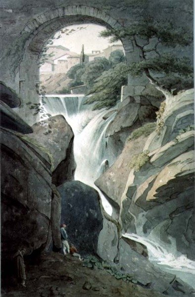 Les chutes de Tivoli avec trois personnages au premier plan - John Warwick Smith