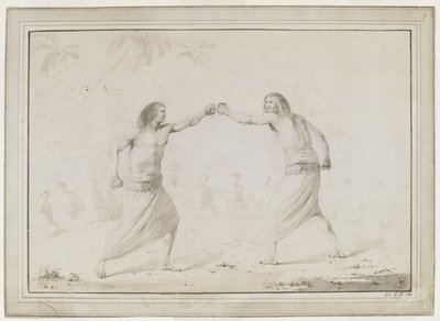 (Dessin complet) Deux hommes boxant, avec des spectateurs assis en demi-cercle et des palmiers esquissés en arrière-plan - John Webber