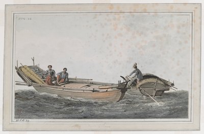Deux petits bateaux, avec trois personnages dans l