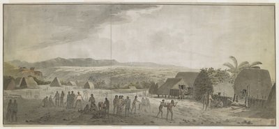 Dessin de la visite du capitaine Cook au village de Waimea, Atooi [Kauai], janvier 1778. Certains hommes roulent des barils, d