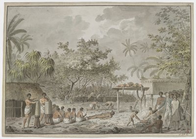 [Dessin complet] Sacrifice humain au grand morai à Attahouroo [Utuaimahurau], Tahiti, observé par le capitaine Cook le 1er septembre 1777. Une figure liée au premier plan, avec des hommes creusant un trou pour le corps derrière, et le whatta contenant deux - John Webber