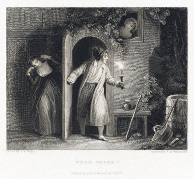Qui est là ? se réfère à une histoire du même titre, un homme en robe de chambre tenant une bougie à la main, ouvre une porte et met un pied dehors, et regarde à sa droite, tandis que derrière la porte ouverte, à gauche, se tient une jeune fille qui échapp - John William (after) Wright