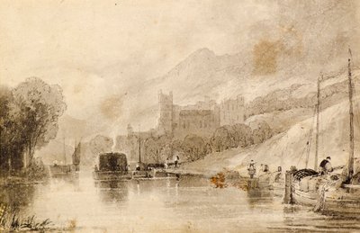 Scène de rivière avec barges et château en ruine - John Wilson Ewbank