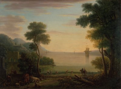 Paysage classique avec figures et animaux : Coucher de soleil - John Wootton