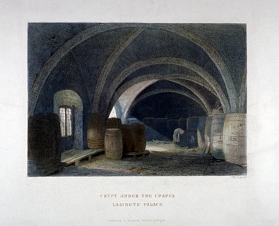 Crypte remplie de barils sous la chapelle du palais de Lambeth, Londres - John Wykeham Archer