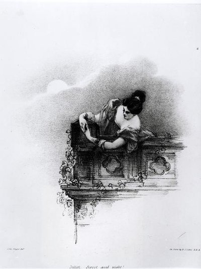 Fanny Kemble (1809-93) en Juliette, Douce Bonne Nuit, gravé par Richard James Lane (1800-72) - John after Hayter