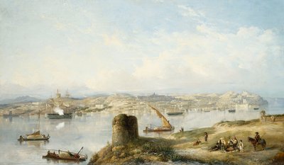 Une vue étendue de Lisbonne sur le fleuve Tejo avec la Praca do Terreiro do Paco, la vieille cathédrale et le Castelo de S. Jorge - John or Giovanni Schranz