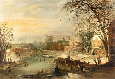 Paysage de village hivernal au bord d